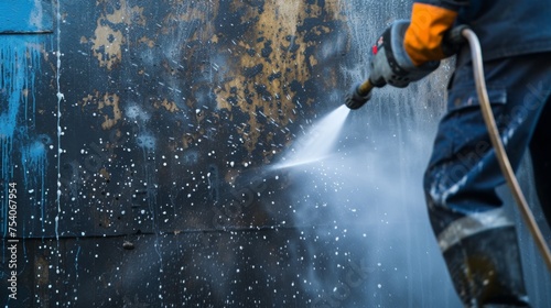 Worker using a pressure washer against a dirty facade photo