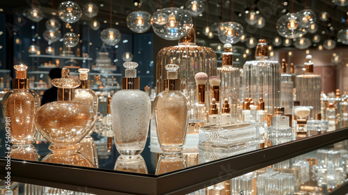 Luxurious Cosmetic Display on Mirrored Pedestal Surrounded by Crystal Lights, Diamond Makeup Brushes, and Gold Skincare Jars, Embodying Opulence and Glamour Concept