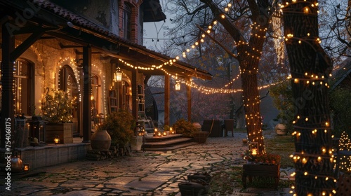 The street and the house are decorated with lights