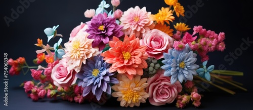 A vibrant bouquet of colorful artificial flowers stands out against a deep black background. The various hues and shapes of the flowers create a striking contrast 