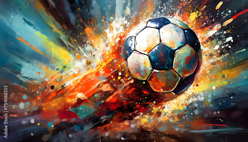 Abstract exploding photon Football acrylic paint maximalism on digital art concept.