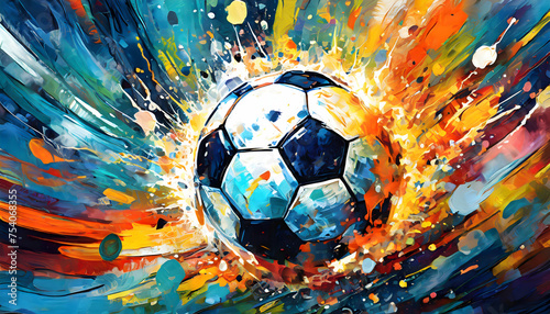 Abstract exploding photon Football acrylic paint maximalism on digital art concept. photo