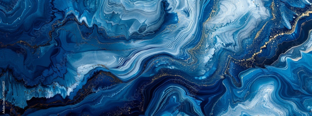 Mesmerizing blue and gold marbled abstract background, reminiscent of natural geological formations. - obrazy, fototapety, plakaty 
