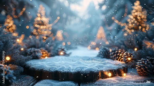 Snow-Covered Podium with Winter Wonderland Theme, Twinkling Fairy Lights, Pine Decorations, and Cozy Ambient Lighting