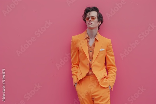 A charming male model dressed in a stylish orange suit, exuding confidence as he stands against a solid pink wall.