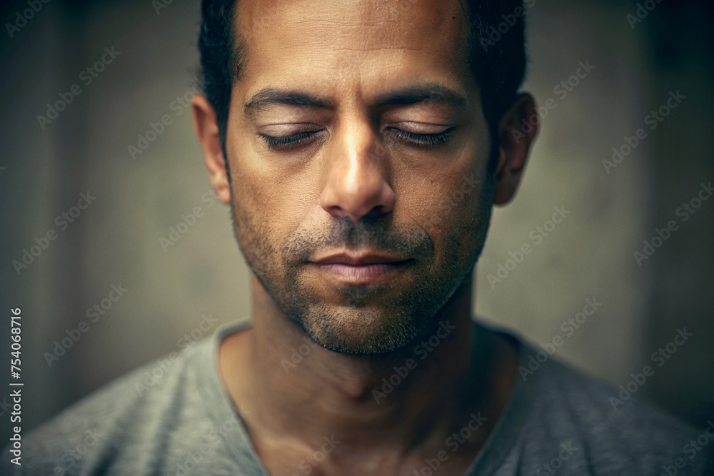 Fototapeta premium Close-up Portrait of Man Practicing Mindfulness Meditation 