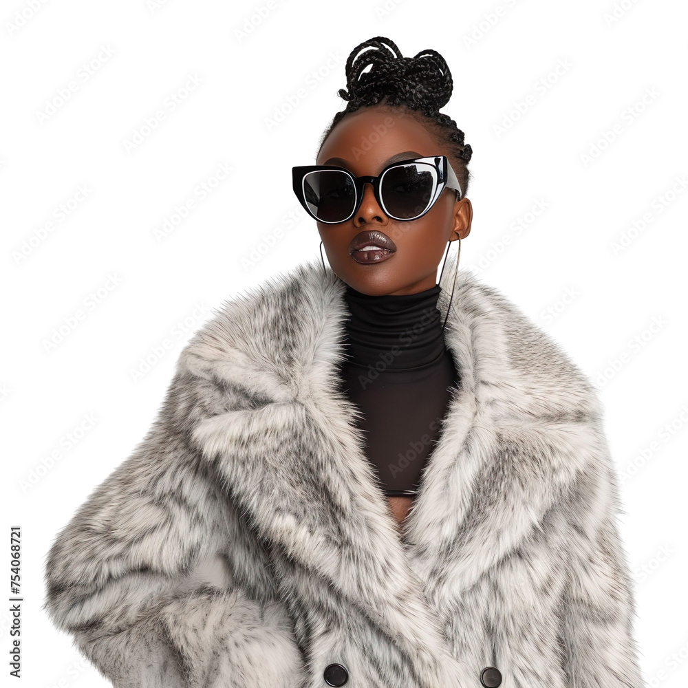 Front view mid-body shot of a beautiful female African model wrapped in a chinchilla fur coat with sunglasses, standing against a white transparent backdrop Front view mid-body shot of a beautiful female African model wrapped in a chinchilla fur coat with sunglasses, standing against a white transparent backdrop