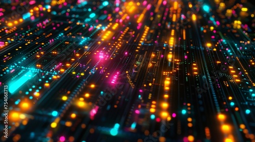 A maze of colorful lights blinking and flashing on the surface of multiple servers indicating their active status.