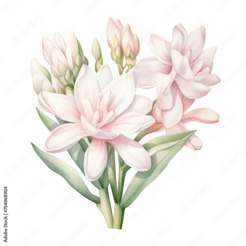 Tuberose flower watercolor illustration. Floral blooming blossom painting on white background