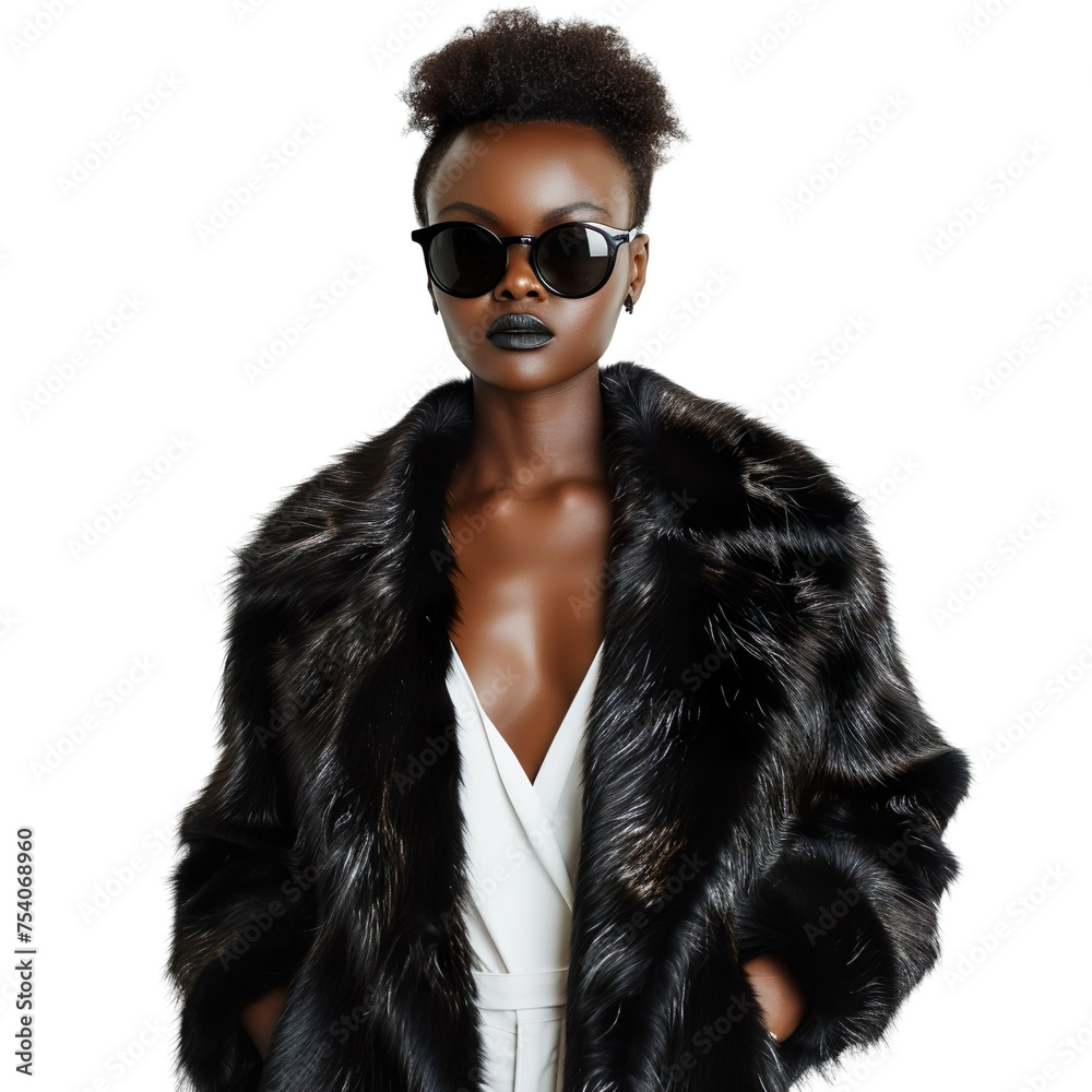 Front view mid-body shot of a beautiful female African model wrapped in a mink fur coat with sunglasses, standing against a white transparent backdrop Front view mid-body shot of a beautiful female African model wrapped in a mink fur coat with sunglasses, standing against a white transparent backdrop