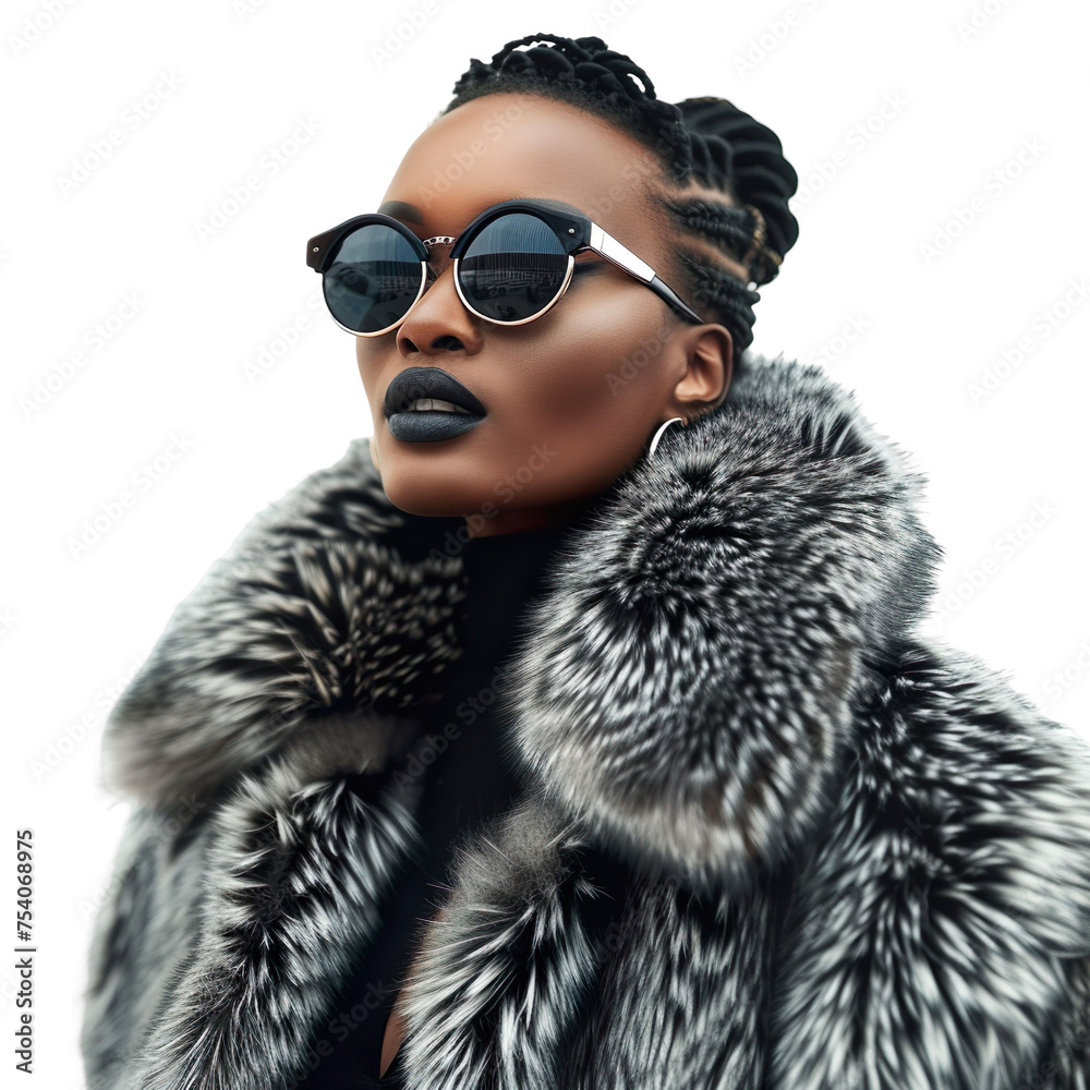 Front view mid-body shot of a beautiful female African model wrapped in a fox fur coat with sunglasses, standing against a white transparent backdrop Front view mid-body shot of a beautiful female African model wrapped in a fox fur coat with sunglasses, standing against a white transparent backdrop