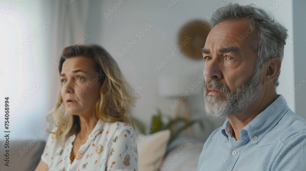 Middle age man and woman couple looks stress from problem issue background white light living room Middle age man and woman couple looks stress from problem issue background white light living room