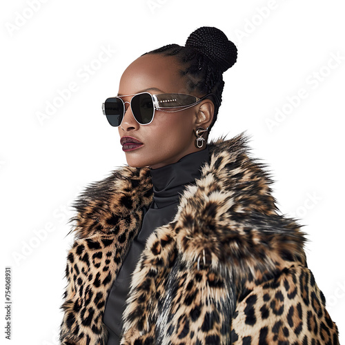 Front view mid-body shot of a beautiful female African model wrapped in a leopard fur coat with sunglasses, standing against a white transparent backdrop