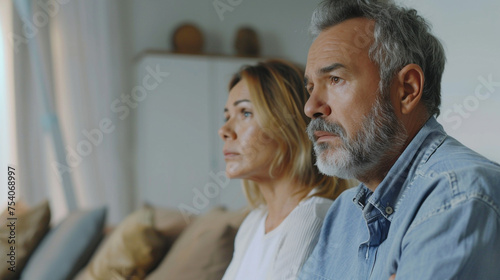 Middle age man and woman couple looks stress from problem issue background white light living room