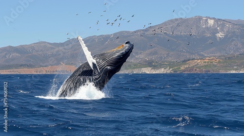 Humpback Whale Leaping from the Ocean with a Mountainous Background and Clear Blue Sky