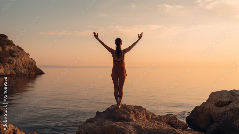 Rear view of a woman practicing Yoga standing with her arms outstretched in the open air near the sea at Sunset. Sports, Travel, Summer, Training, Meditation, Healthy Lifestyle concepts.