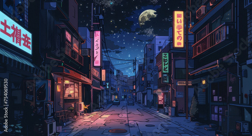 A bustling street is illuminated by bright fluorescent lights from signs and storefronts contrasting with the calm muted light of the moon and stars above.
