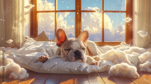 Illustrate a French bulldog puppy taking a nap in a sunlit room, surrounded by scattered pillows that look like clouds, highlighting the serene and dreamy atmosphere. 8k