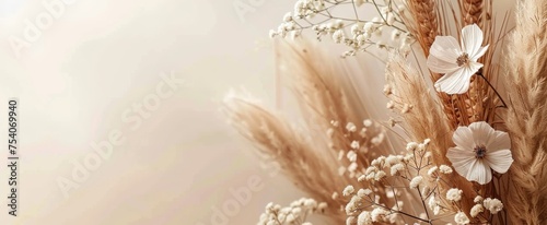 Delicate boho-inspired arrangement with white flowers and feathery pampas on a warm beige backdrop.