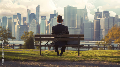 Businessman sitting alone on bench in the park and city view