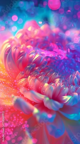 Neon Petal Whirl: Extreme macro shot showcases the swirling motion of daisy petals enveloped in neon colors.