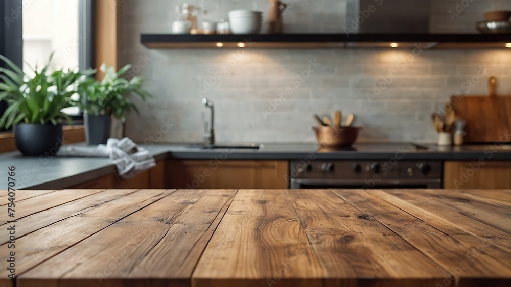 Empty wooden table top and blur bokeh modern kitchen interior background in clean and bright, studio warm light Empty wooden table top and blur bokeh modern kitchen interior background in clean and bright, studio warm light
