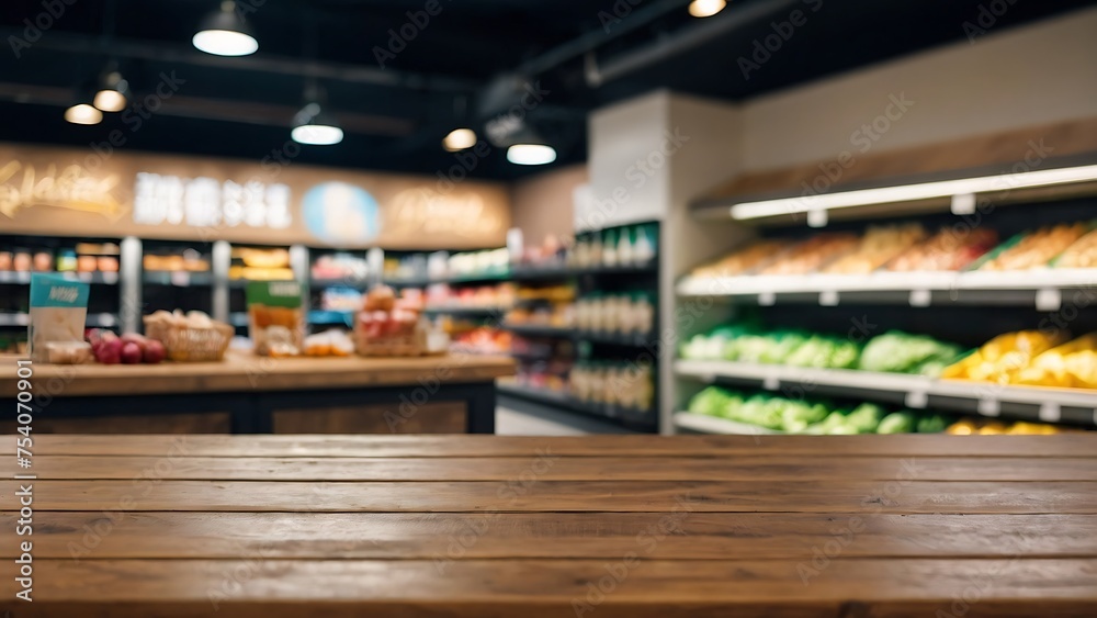 Empty wooden table with beautiful supermarket background, photorealistic Empty wooden table with beautiful supermarket background, photorealistic