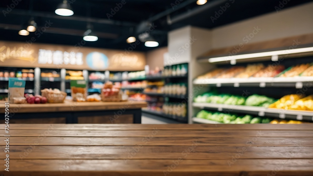 Empty wooden table with beautiful supermarket background, photorealistic