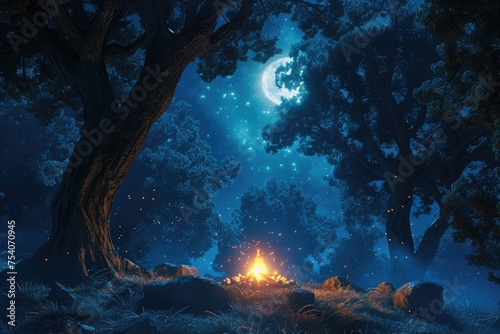 Enchanted forest scene with a magical bonfire glowing softly under the moonlight, surrounded by ancient trees. 8k