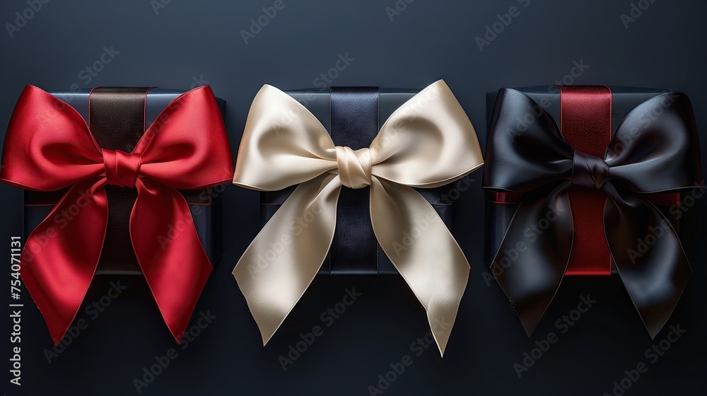 Set of white, black and red satin gift boxes with an elegant gold bow. Holiday design elements for birthdays, weddings, sale signs and other events. Set of white, black and red satin gift boxes with an elegant gold bow. Holiday design elements for birthdays, weddings, sale signs and other events.