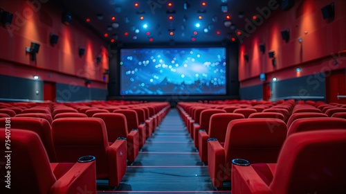 movie screen showing and people in red chairs in the movie theater People watching a movie show