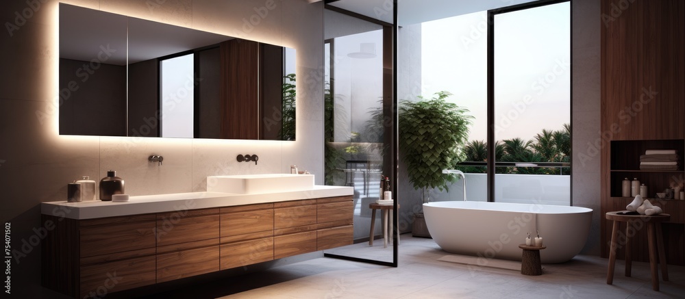 A modern, elegant bathroom featuring a bathtub, sink, and large mirror on a wooden basin cabinet. The sleek design and clean lines create a stylish and functional space for daily use. A modern, elegant bathroom featuring a bathtub, sink, and large mirror on a wooden basin cabinet. The sleek design and clean lines create a stylish and functional space for daily use.