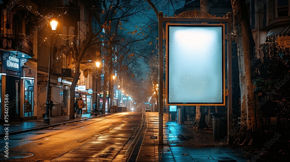 Blank white vertical advertising banner billboard stand on the bus station at night