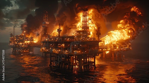 Massive fire at industrial oil rig at sea A powerful explosion with a cloud of black smoke.