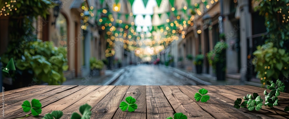 Rustic wooden surface with scattered clover leaves, set against a vibrant city street adorned with festive lights and greenery