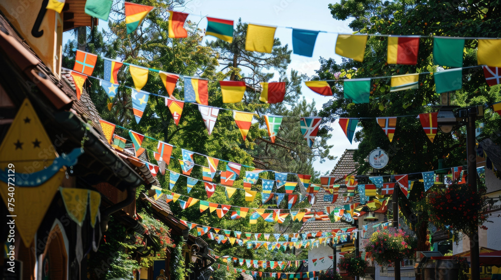 A colorful display of German flags and banners hanging from rooftops and decorating the festival grounds adding to the overall festive and patriotic vibe of Oktoberfest. A colorful display of German flags and banners hanging from rooftops and decorating the festival grounds adding to the overall festive and patriotic vibe of Oktoberfest.