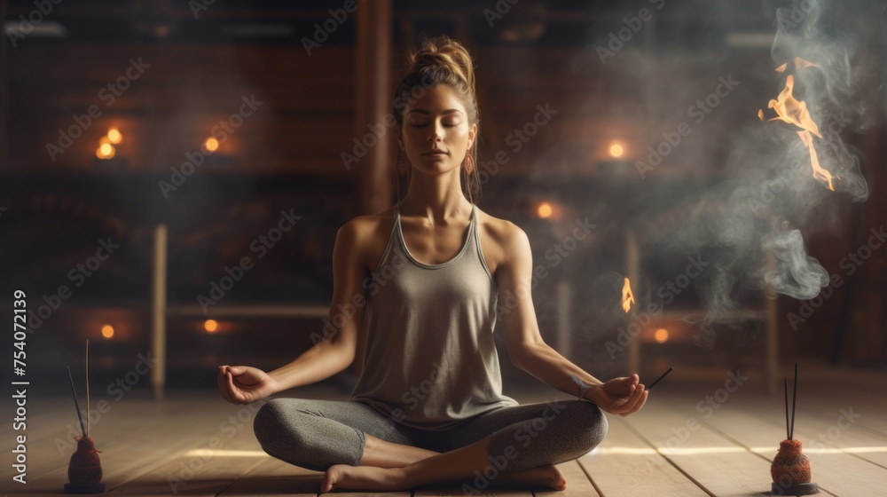 A young woman with her eyes closed practicing Yoga in the gym with incense sticks, Smoke. Sports, Training, Meditation, Healthy lifestyle concepts.