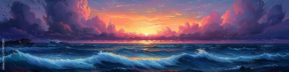 Panoramic View of a Calm Ocean at Sunset with Pastel Pink and Blue Skies Panoramic View of a Calm Ocean at Sunset with Pastel Pink and Blue Skies