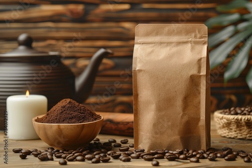 Blank coffee packaging on a wooden table, packaging mockup with empty space for branding design