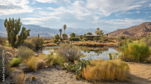 A peaceful oasis amidst the dry desert where unique plants and animals have adapted to survive in the harsh environment. photo