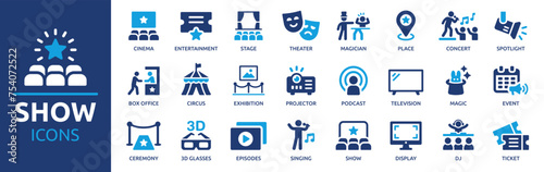 Show icon set. Containing entertainment, stage, spotlight, cinema, ticket, theater, magician, concert, event, circus and more. Solid vector icons collection.