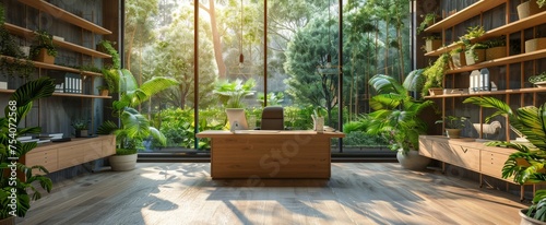 Modern sustainable office design integrating nature, featuring large windows with a view of lush greenery and filled with indoor plants.