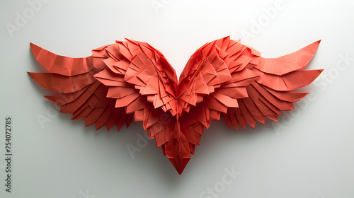 Paper origami red heart with wings on white background. copy space. generative ai