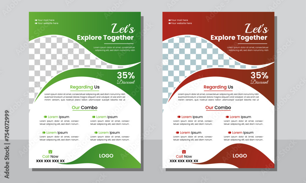 Simple & clean travel flyer design template with two color available green & red . Simple & clean travel flyer design template with two color available green & red .