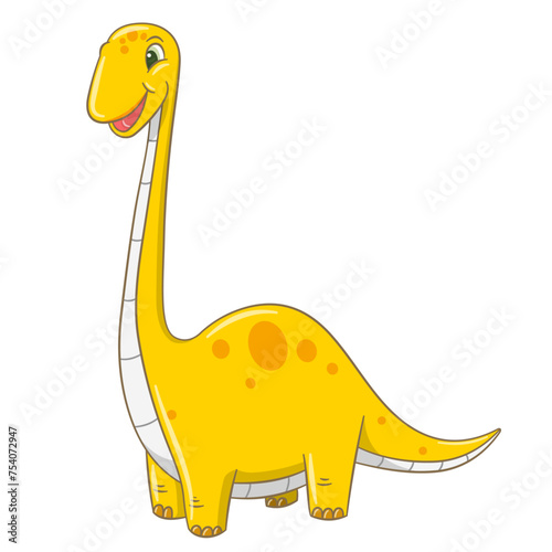 Hand drawn cute yellow brontosaurus long neck dinosaur isolated on white background
