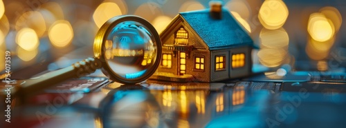 Close-up of a golden house model under a magnifying glass with a warm bokeh background, symbolizing real estate evaluation.