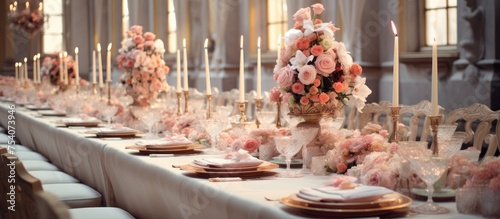 A long table adorned with a colorful array of flowers, creating a festive and elegant wedding decor. The vibrant blooms add a touch of celebration and sophistication to the banquet table. photo