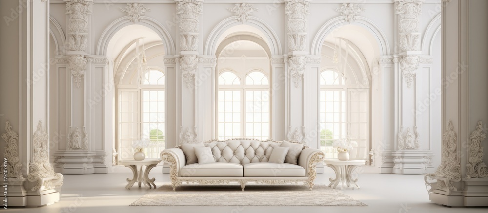 The image showcases a bright living room styled in luxurious baroque design. The room features white walls adorned with antique stucco, with a couch and chairs placed elegantly within the space.