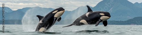 A panoramic scene featuring two orcas breaching with mountains in the distance, reflecting the vastness of their oceanic realm and the freedom of the wild photo