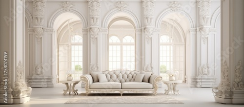 The image showcases a bright living room styled in luxurious baroque design. The room features white walls adorned with antique stucco, with a couch and chairs placed elegantly within the space. © Lasvu